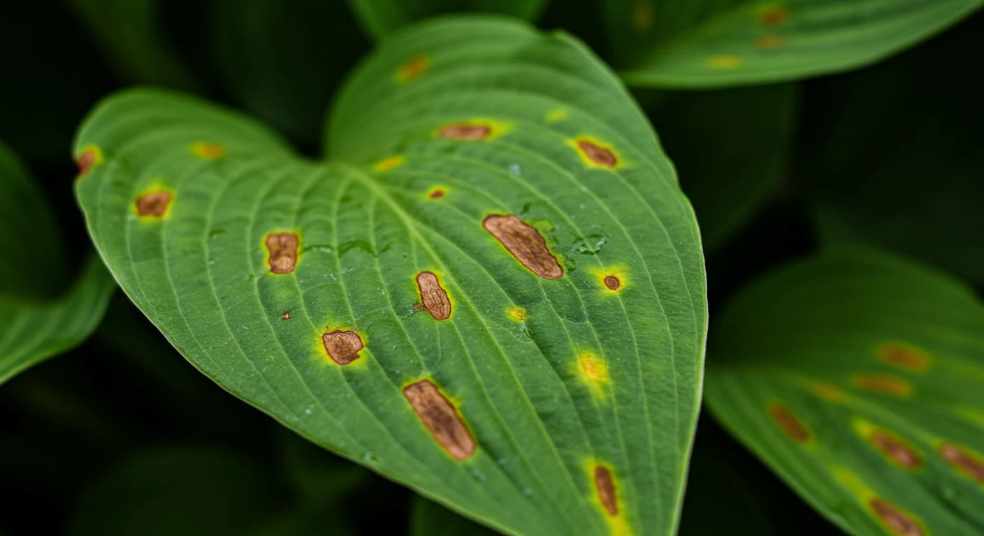A visually engaging close-up photograph of a common garden plant leaf, such as a hosta or maple, marked with several distinct, unexplained brown or yellow spots. The focus should be sharp on the spots and leaf texture, creating a sense of mystery and prompting the reader to learn more about the cause. Soft, natural lighting.