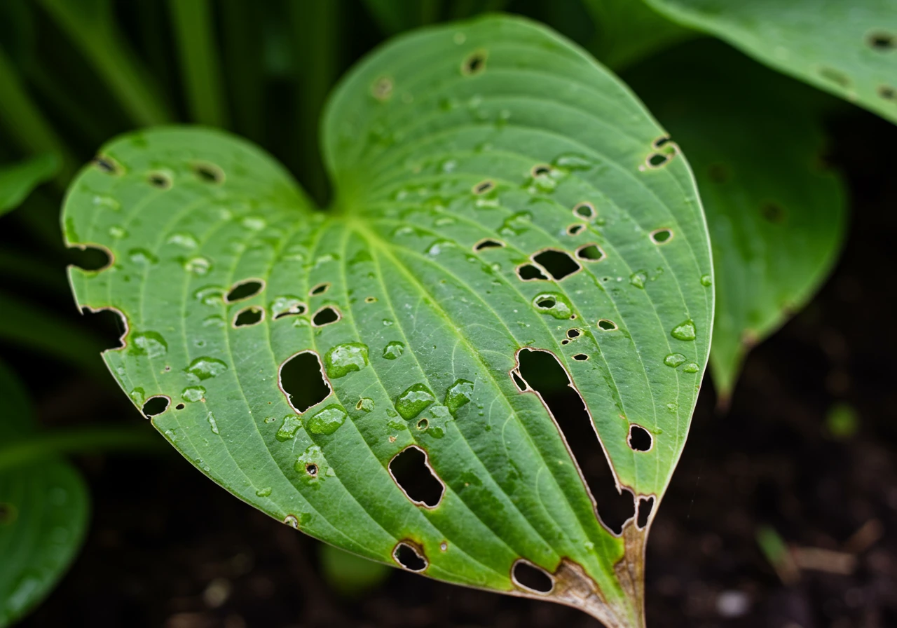 A detailed close-up photograph clearly showing hail damage on plant leaves. Focus on shredded foliage, perhaps on a common garden plant like a hosta or tomato plant, illustrating the specific type of injury discussed.
