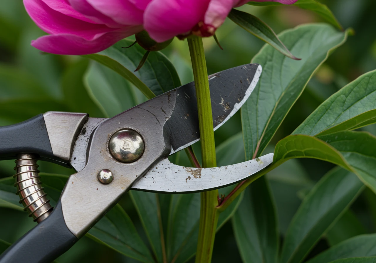 A close-up, detailed photograph showing the process of deadheading a peony. Focus is on clean pruning shears cutting a spent, faded peony flower stem just above a set of healthy green leaves. The faded flower head is slightly visible but not the main focus, emphasizing the correct cutting point. Soft, natural lighting and blurred green foliage background.