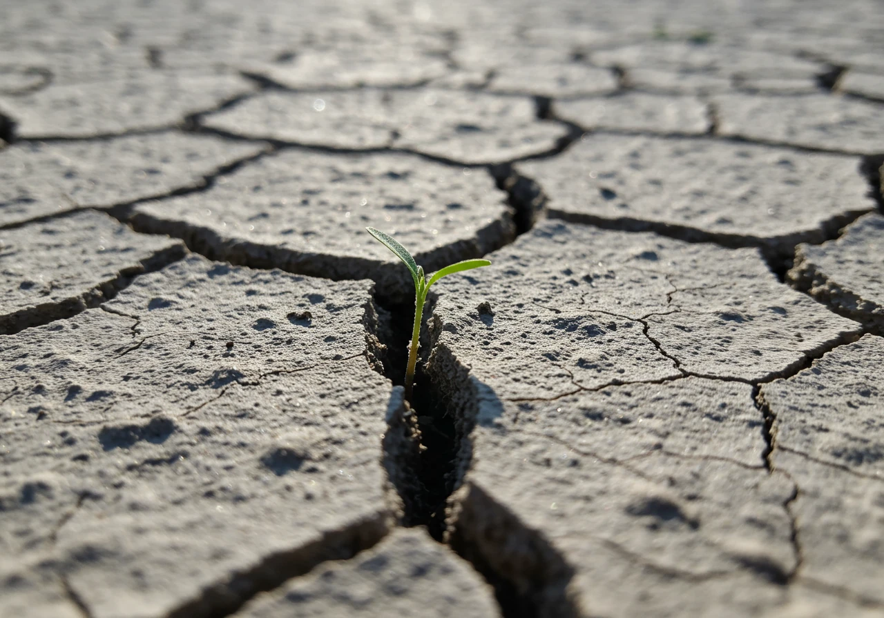 A close-up photograph highlighting the texture of compacted, dry clay soil, commonly found in the Ottawa region. The image should show visible cracks on the soil surface under direct sunlight, emphasizing its hardness and dryness, perhaps with a single tiny, struggling weed sprout for scale and context.