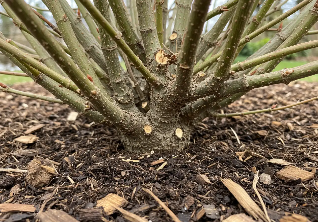 A close-up view focusing on the base of a Viburnum shrub immediately after a rejuvenation cut. It shows one or two thick, old woody stems cut cleanly near ground level, adjacent to several remaining younger, healthier-looking stems. Fresh wood chip mulch is visible on the soil around the base. No tools or hands visible.