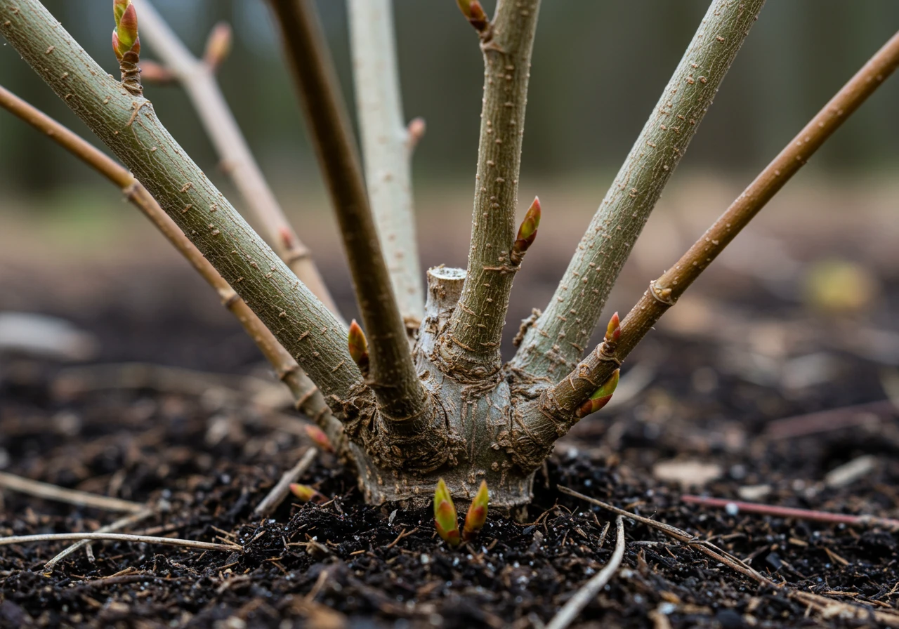 A close-up photograph focusing on the base of a multi-stemmed shrub suitable for renovation pruning, like a Red-Twig Dogwood. The image should clearly show multiple thick, older stems alongside thinner, newer shoots emerging directly from the ground level or crown, illustrating the plant's ability to regenerate from the base.