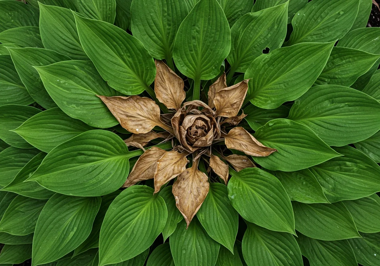 A close-up, top-down photograph focusing specifically on a large perennial clump (like a Hosta or ornamental grass) exhibiting the characteristic 'donut hole' symptom. The image should clearly show the dead, empty, or sparse center of the plant clump, while the outer ring of growth appears green and relatively healthy, illustrating this key sign of overcrowding.