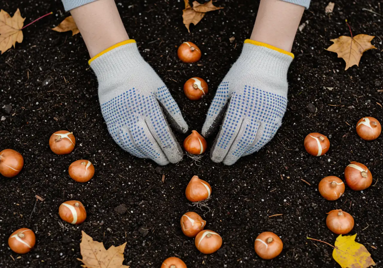 Close-up, slightly overhead view focusing on hands in gardening gloves carefully planting spring-blooming bulbs (like tulips or daffodils) into dark, rich soil within a garden bed. A few colorful fallen autumn leaves should be scattered on the soil surface around the planting area.