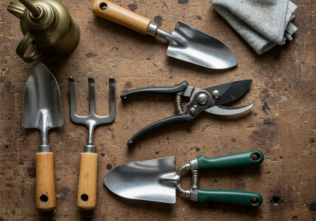 Close-up image focusing on tool maintenance, relevant to the Fall Cleanup & Winter Prep section. Shows several clean garden hand tools, such as a trowel, secateurs, and a cultivator, laid out neatly on a rustic wooden workbench surface. The metal parts appear clean, perhaps with a slight protective oily sheen. A soft cloth and a small can of lubricating oil might be visible nearby, suggesting recent care.