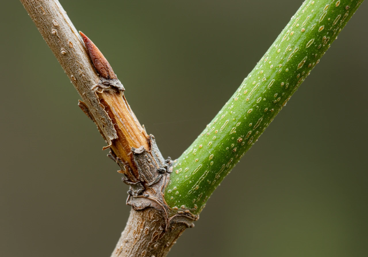 Close-up photograph capturing the end of a woody shrub branch showing clear signs of dieback. The terminal section of the branch is dry, brown, and brittle, lacking buds or leaves. Further down the stem, a transition point is visible where the bark becomes greener and healthier looking, illustrating the progression of the dieback. Focus is sharp on the dead tip and transition zone. Natural outdoor setting.
