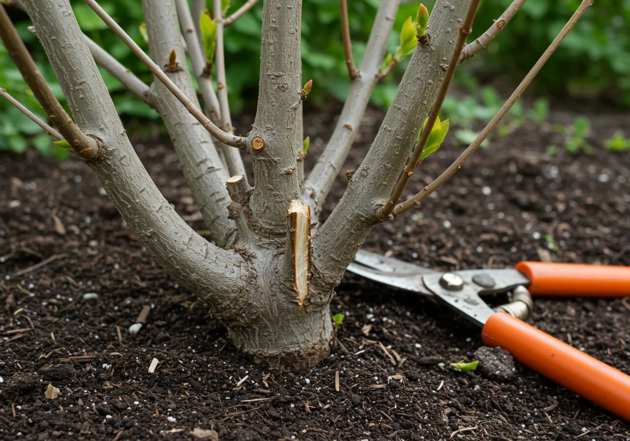 A close-up photograph focused on the base of a mature lilac shrub illustrating the 'Gradual Renewal' concept. The image clearly shows several thick, old, greyish stems alongside thinner, greener, younger stems. One of the oldest, thickest stems has a clean pruning cut very close to the ground level, maybe with loppers placed nearby but not held by hands. This visual emphasizes targeting old wood for removal at the base.