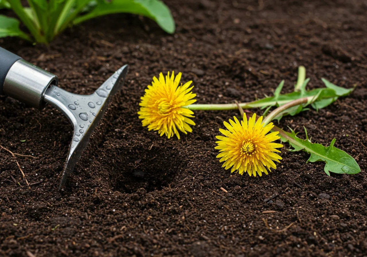 A close-up view illustrating the concept of 'weeding when wet'. Show dark, moist soil with a freshly pulled weed (like a dandelion with its taproot mostly intact) lying beside the hole it came from. Maybe include the tip of an ergonomic hand weeder nearby, covered in a bit of damp soil. Convey the ease of removal.