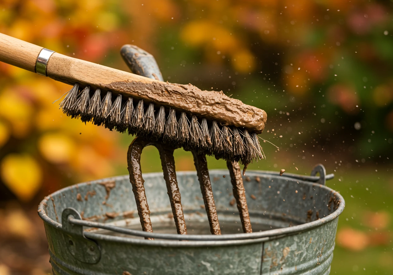 A close-up action shot focusing on the process of cleaning garden tools. This image emphasizes the physical act of removing dirt and grime.