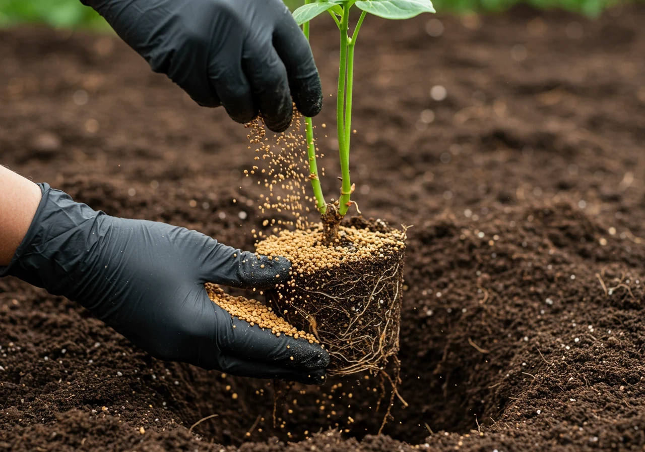 A clear, close-up photograph showing the practical application of granular mycorrhizae during planting. Focus on gloved hands holding the root ball of a small shrub or perennial over a prepared planting hole, carefully sprinkling light-colored granular mycorrhizal inoculant directly onto the visible roots.