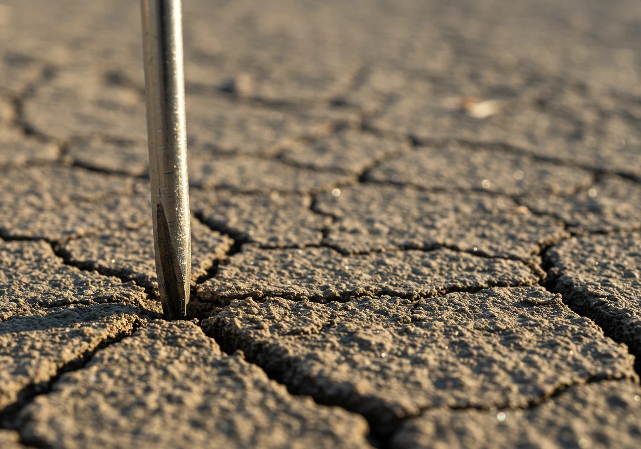 A close-up, ground-level photograph illustrating the 'Screwdriver Test'. A standard metal screwdriver is shown stuck just an inch or two into hard, dry, cracked earth, clearly indicating resistance. The soil surface looks dense and unforgiving. Focus is on the screwdriver meeting the hard soil.