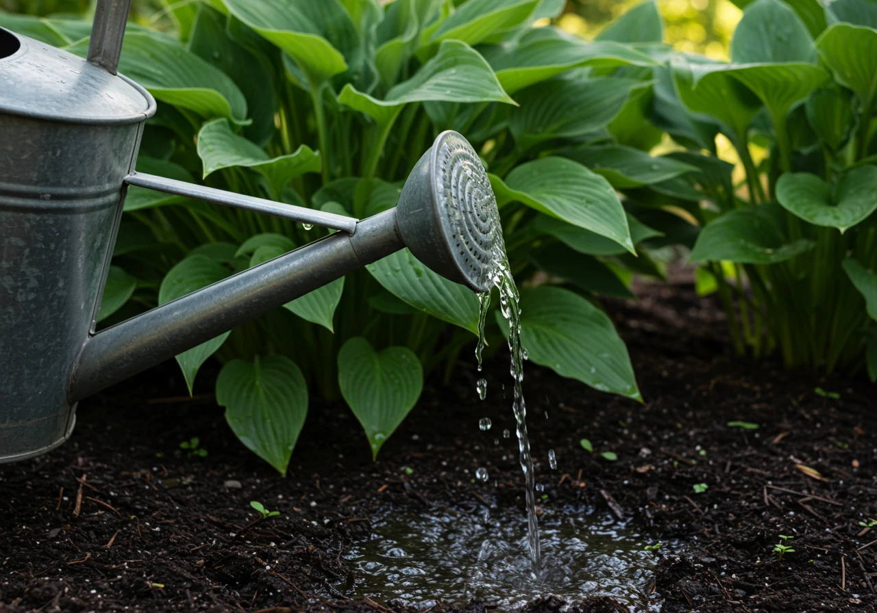 A close-up photograph focusing on a metal watering can with a rosette spout gently sprinkling a slightly milky liquid (representing the nematode solution) onto dark, moist garden soil around the base of several healthy green hosta plants. The lighting should suggest early morning or late evening (soft light).