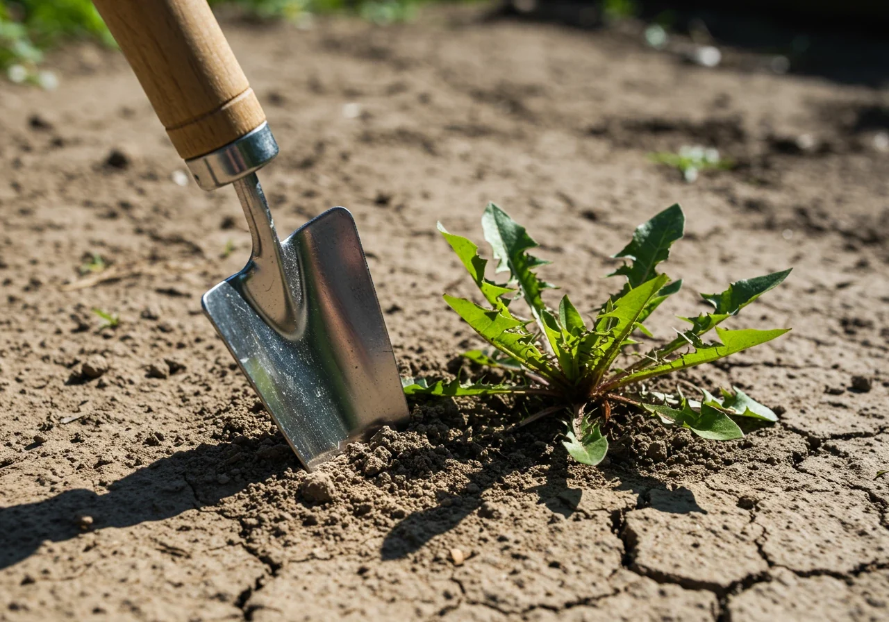 A close-up photograph illustrating the difficulty of weeding in dense, compacted clay soil. Show a small, traditional hand trowel stuck firmly in cracked, dry, light-brown clay soil next to a stubborn, deep-rooted weed like a dandelion or thistle. The image should convey the effort required.