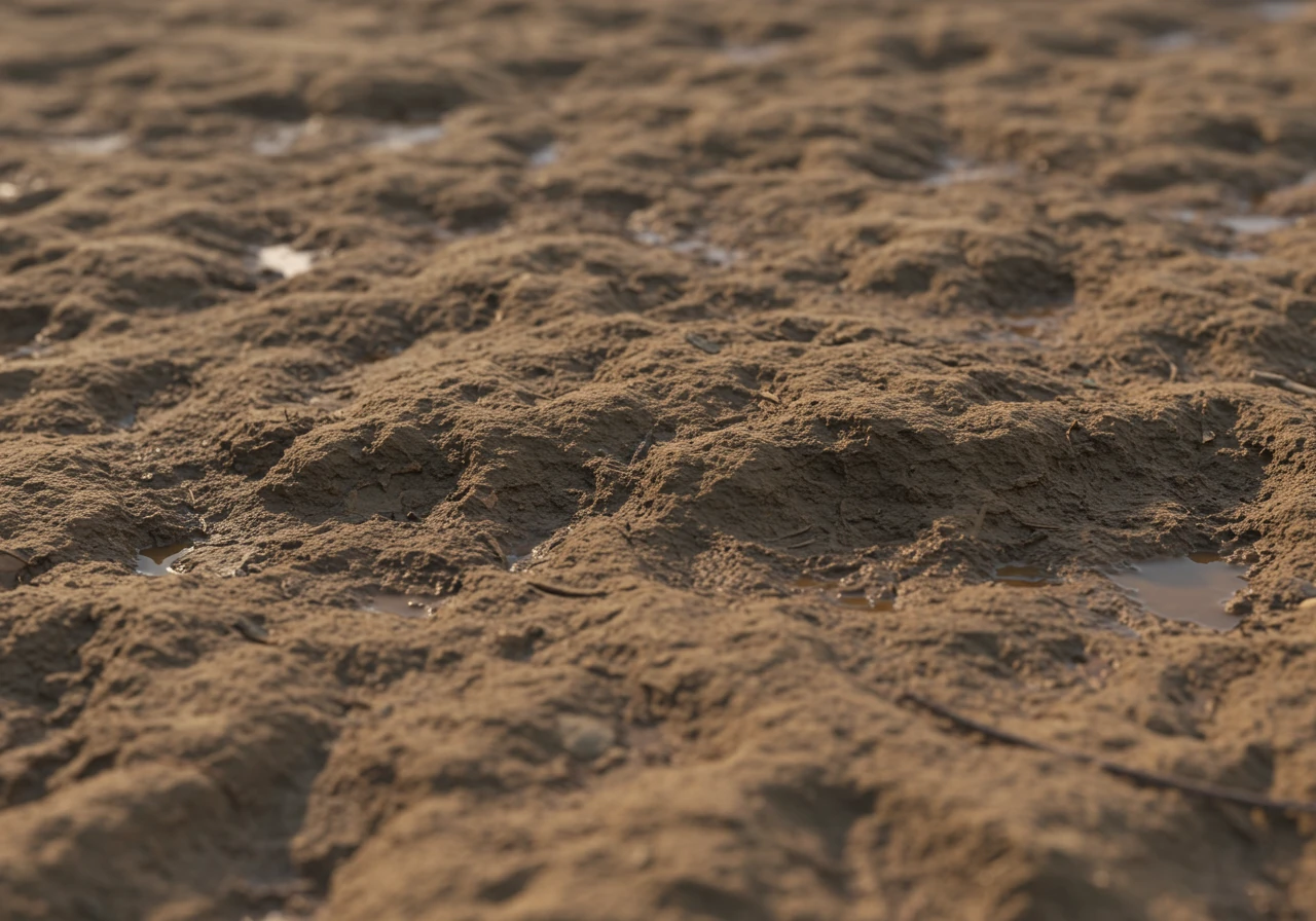 A close-up photograph highlighting the dense, heavy texture of Ottawa clay soil. The image could show slightly cracked dry clay or clay with a small amount of water pooling on the surface, visually representing its poor drainage characteristics. Focus is purely on the soil texture.