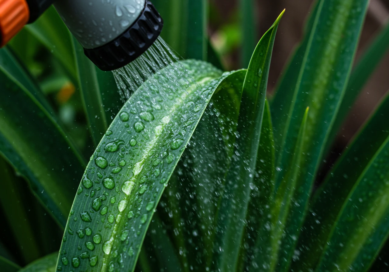 A close-up action shot showing water droplets gently spraying from a handheld garden hose nozzle onto the leaves of a leafy garden plant (like a hosta or flowering annual). The focus should be on the water washing the leaf surface, conveying the 'rinse cycle' action. No hands visible holding the hose.
