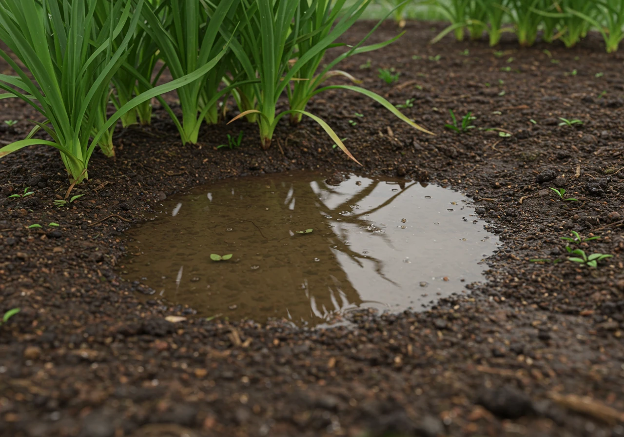 A close-up photograph focusing on a low-lying area in a garden bed immediately after a rain shower. Water is visibly pooled around the base of perennial plants, indicating a poorly draining microclimate. The surrounding soil is damp but not waterlogged, highlighting the specific location of the drainage issue.