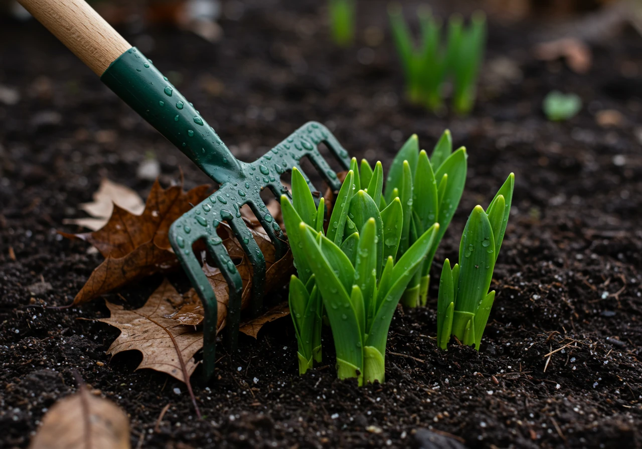 Illustrates the initial spring cleanup task. Shows fallen, soggy autumn leaves being carefully raked away from delicate green shoots of perennials or bulbs just starting to emerge from the dark, damp soil in a garden bed.