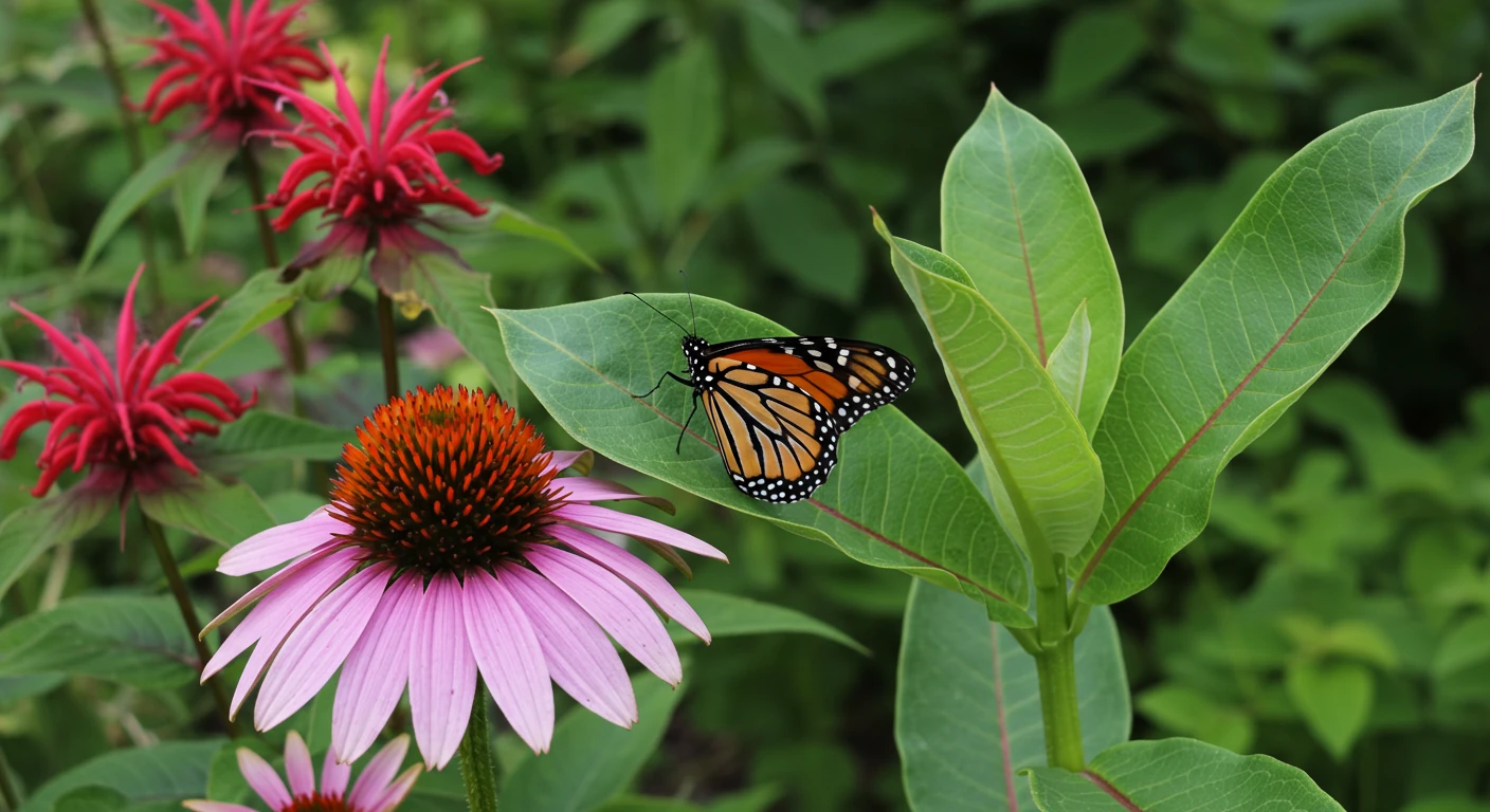 A vibrant close-up of a native Richmond-area garden scene, showcasing colourful native flowers like Purple Coneflower and Bee Balm buzzing with life. A Monarch butterfly should be prominently featured on a milkweed plant, symbolizing the potential for attracting specific wildlife. The background should be softly blurred, suggesting a typical residential backyard setting.