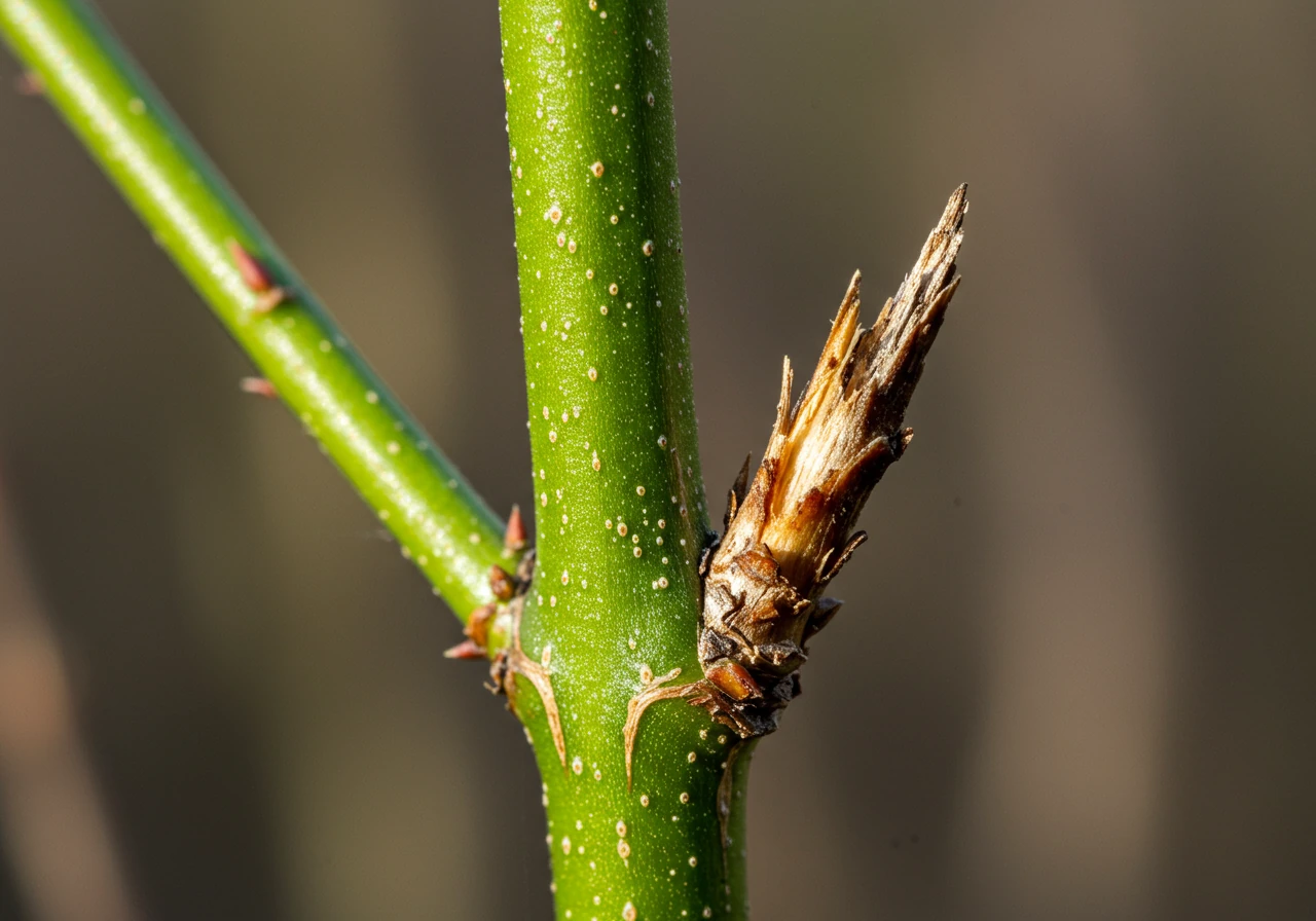 A close-up, detailed photograph contrasting a healthy, green, pliable shrub branch tip with an adjacent dead, brown, brittle branch tip showing clear winter damage. This visually reinforces the concept of removing damaged wood for plant health, as discussed in the 'Plant Health Heroics' bullet point.