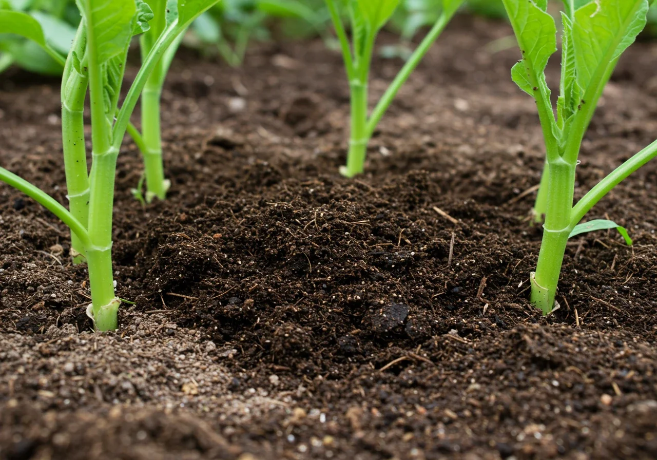 A close-up photograph illustrating soil amendment. Show dark, rich, crumbly compost being mixed into lighter-coloured garden soil near the base of healthy green plant stems. The image should highlight the texture difference and the act of improving the soil.