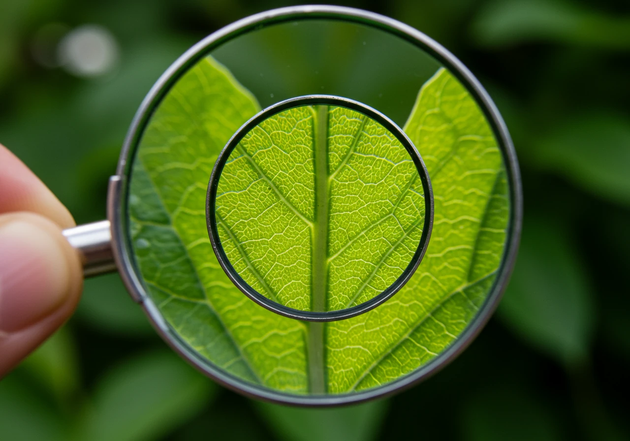 A visually engaging shot focusing solely on a metal jeweler's loupe positioned directly over a textured plant leaf (like the underside of a perennial leaf), sharply magnifying the leaf veins and surface details. The image should imply usage without showing hands, focusing on the tool and the magnified view.