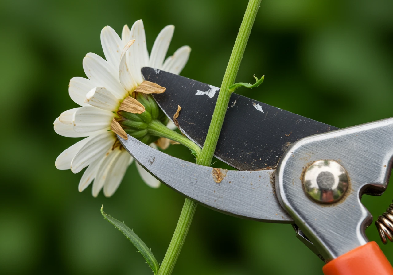 A detailed close-up photograph focusing on a pair of clean, sharp bypass pruners positioned correctly to snip the stem of a faded flower (like a Shasta Daisy or Coneflower) just above a healthy leaf node or lateral bud. The image should clearly illustrate the proper tool and the precise cutting point on the plant stem discussed in the text.
