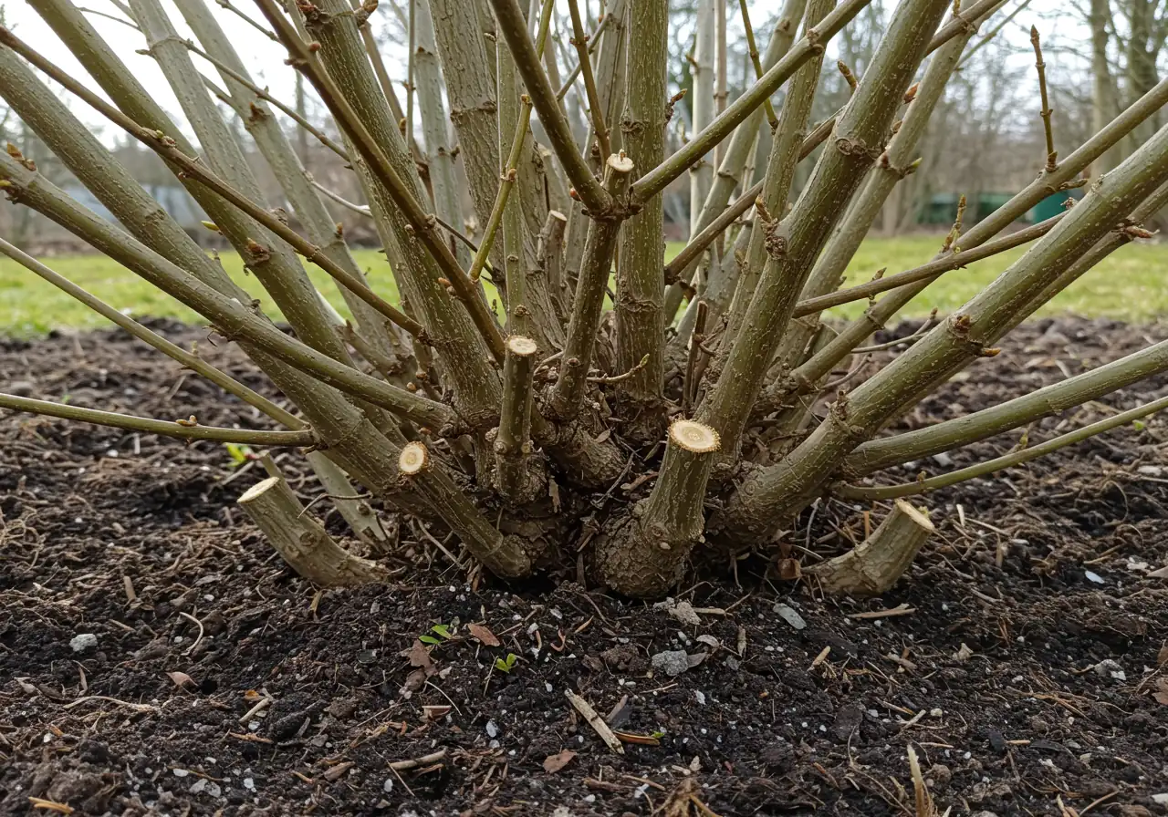 Image illustrating the result of a 'Full Rejuvenation' prune. It should show the base of a Forsythia shrub immediately after being cut down significantly. Only short (approx. 4-6 inch) stubs of the main canes should be visible emerging from the ground level, cut cleanly. The surrounding ground area should be tidy, perhaps with a bit of soil or mulch visible.