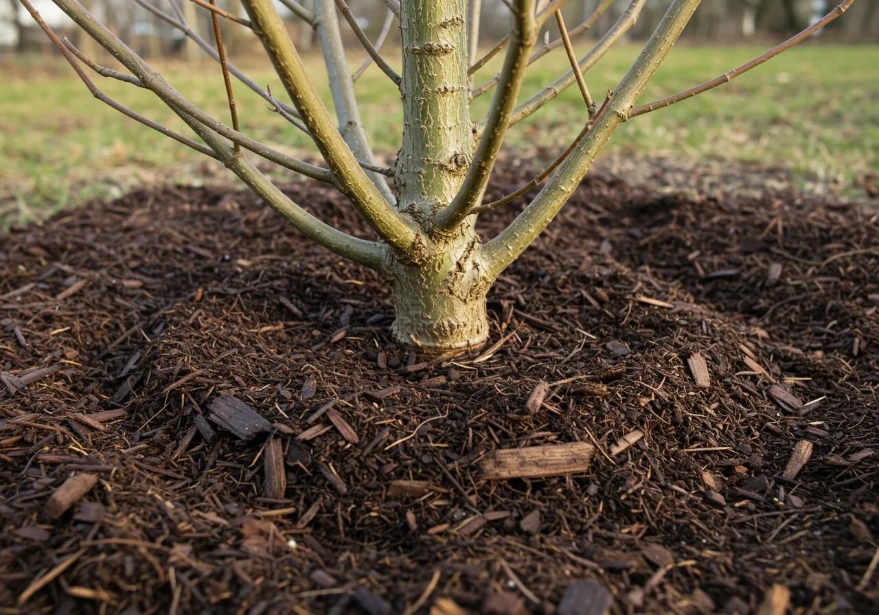 A close-up view illustrating proper mulching around the base of a recently pruned dogwood (either hard-pruned or partially pruned). It should clearly show a ring of organic mulch (like wood chips or shredded bark) around the shrub, with a visible gap between the mulch and the actual stems.