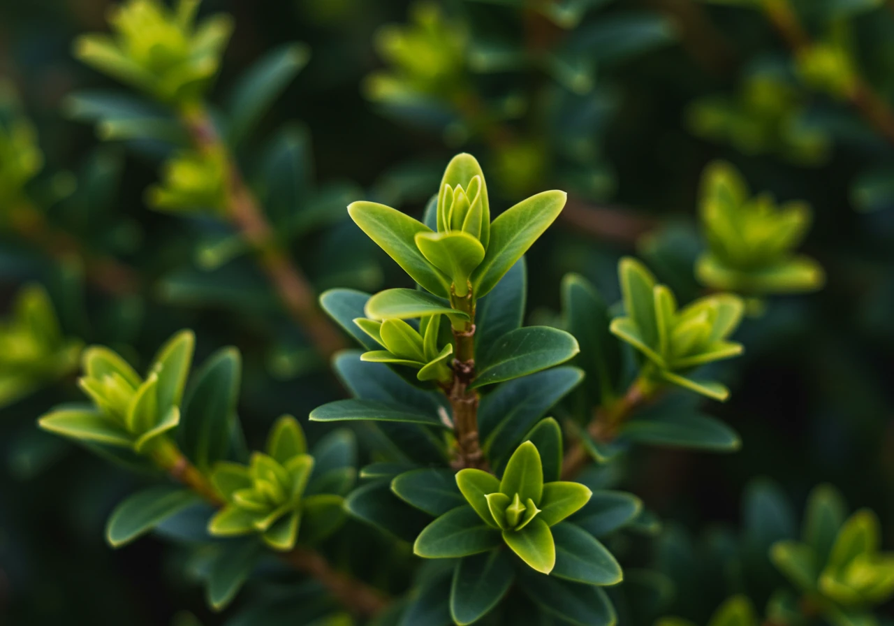 A visual representing 'Expert Spring Assessment & Diagnosis'. This could be a close-up focusing on the vibrant, healthy new growth tips emerging on a shrub or perennial, symbolizing vitality and successful emergence from winter dormancy due to good plant health.