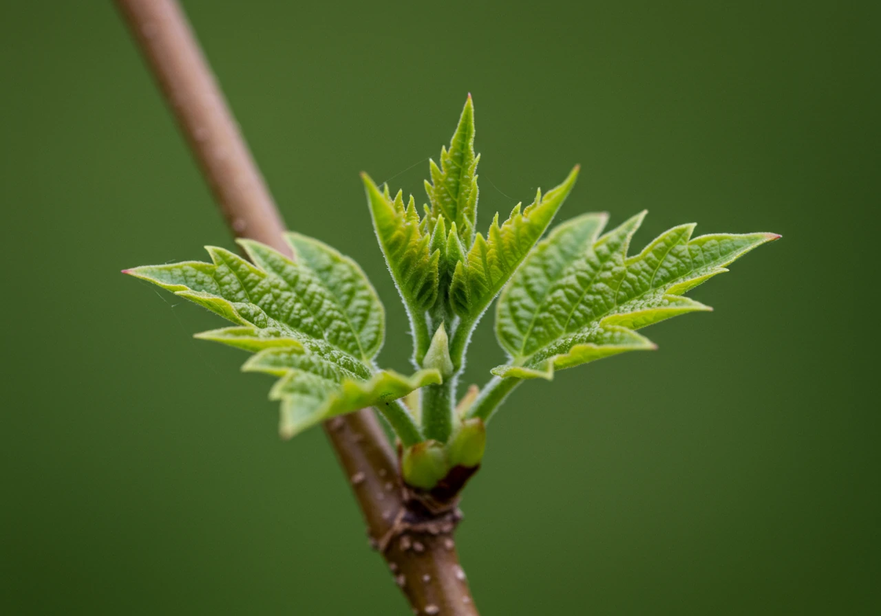 A close-up image focusing on the tip of a plant branch demonstrating symptoms potentially related to zinc deficiency. The image should show new leaves that are visibly smaller than expected ('little leaf') and possibly slightly bunched together or strap-shaped, contrasting with potentially larger, older leaves further down the stem (if visible).