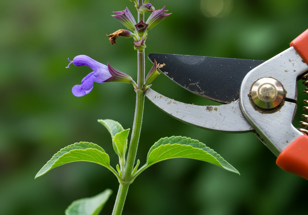 A close-up image demonstrating the correct 'snip' technique point on a plant like a coneflower or salvia. It should show the stem with a faded flower above, and clearly indicate the spot just above a leaf node or lateral bud where the cut should be made, perhaps with pruning shears positioned nearby but not obscuring the key area.