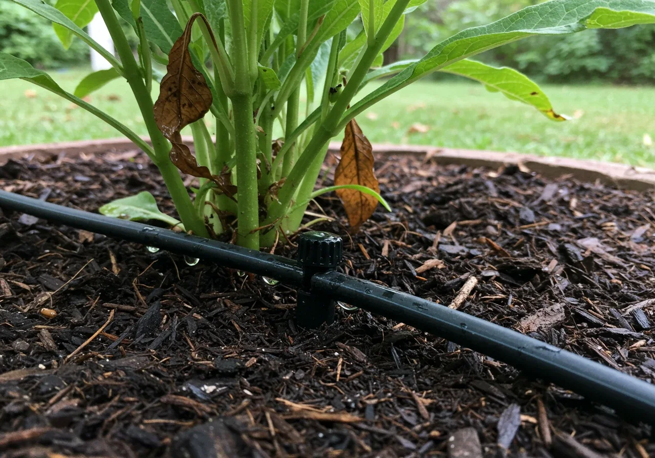 A close-up image focused on the base of a native perennial (like Swamp Milkweed) planted in mulched clay soil. A soaker hose is positioned nearby, delivering water slowly and directly to the root zone, visibly moistening the mulch and soil deeply without wetting the plant's foliage.