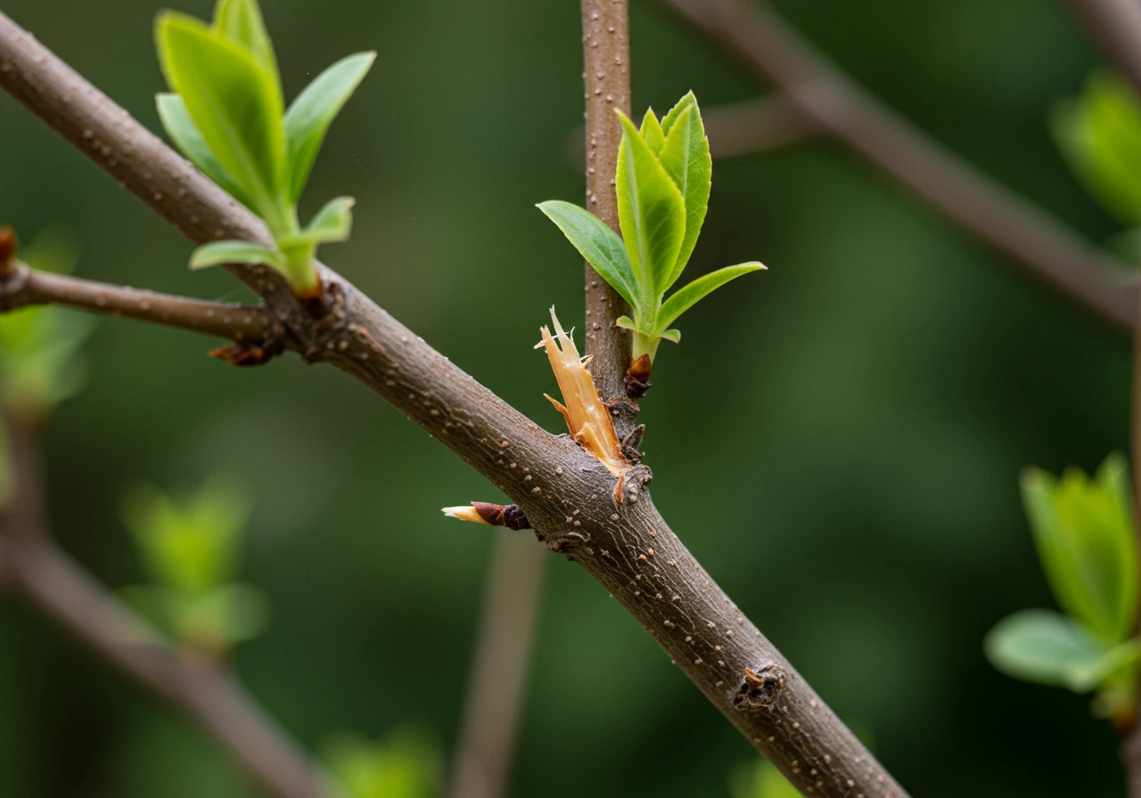 A clear photograph focusing on the correct way to prune a hail-damaged branch on a shrub. The image should show clean pruning shears next to a cleanly cut small branch, emphasizing the technique described (cutting just outside the branch collar, no stubs).