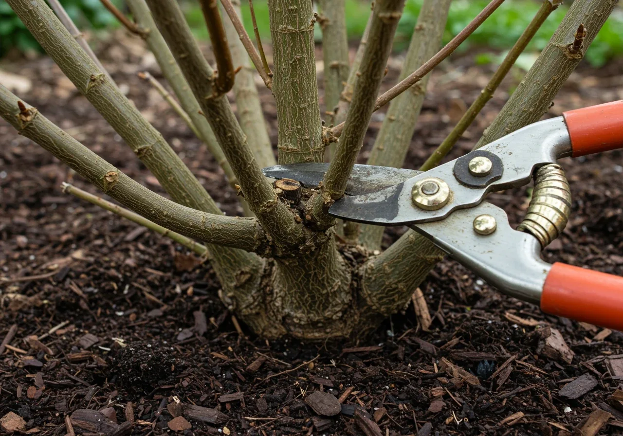 A close-up image demonstrating the technique of renewal pruning. It should show a pair of clean loppers positioned correctly at the base of an old, thick, woody Mock Orange cane, ready to make a cut near the ground level, with younger green stems visible nearby. This visualizes the removal of old wood.