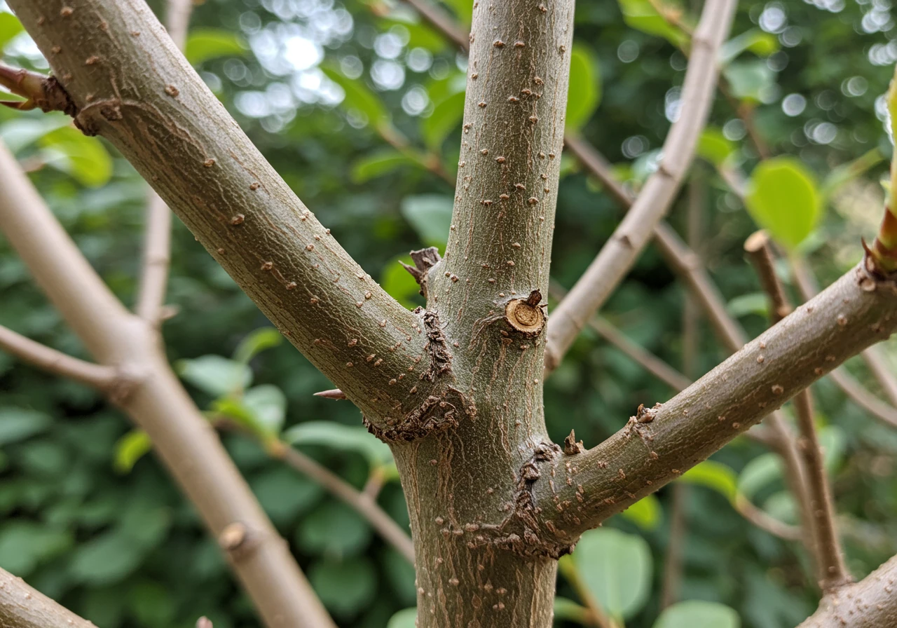 A clear close-up photograph focusing on a section of a mature woody shrub stem that has been poorly pruned, illustrating the 'Hat Rack Attack'. Several unsightly stubs of varying lengths are left protruding awkwardly from the main stem where branches were removed incorrectly. There might be subtle signs of drying, cracking, or slight discoloration on the flat cut ends of the stubs, indicating poor healing.
