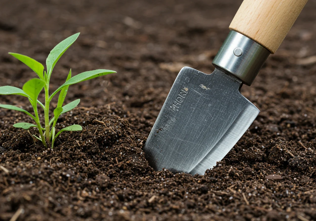 A close-up shot focusing specifically on the head of a Hori-Hori knife partially inserted into challenging clay soil next to a weed. The image should convey the tool's strength and ability to penetrate the dense earth, highlighting its sharp edge and pointed tip.