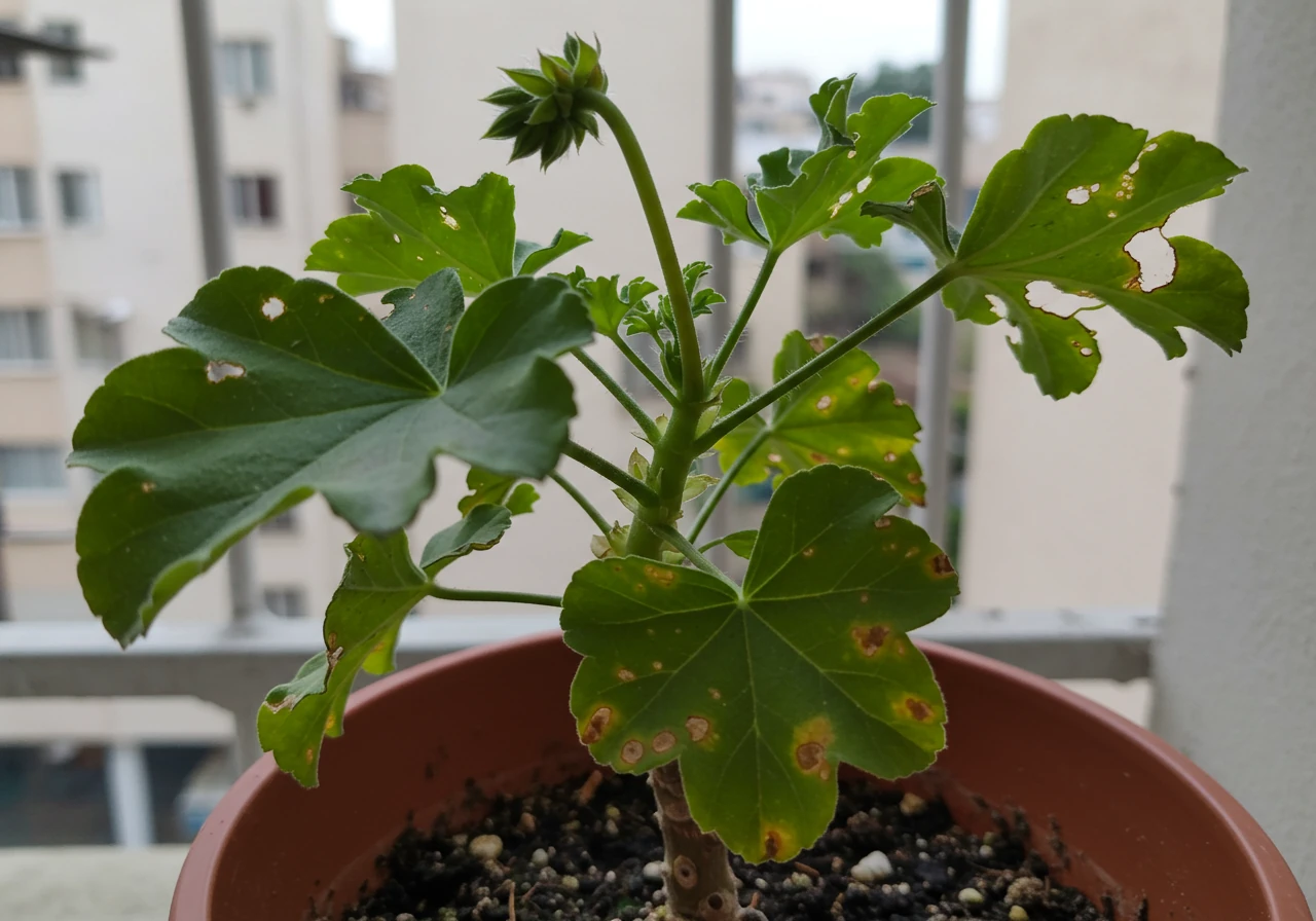 A close-up image vividly illustrating wind damage to a balcony plant. Focus on torn leaves or a snapped stem of a flowering plant (like a petunia or geranium) in a pot, emphasizing the physical stress wind can cause. The background should be slightly blurred but suggest a balcony setting.