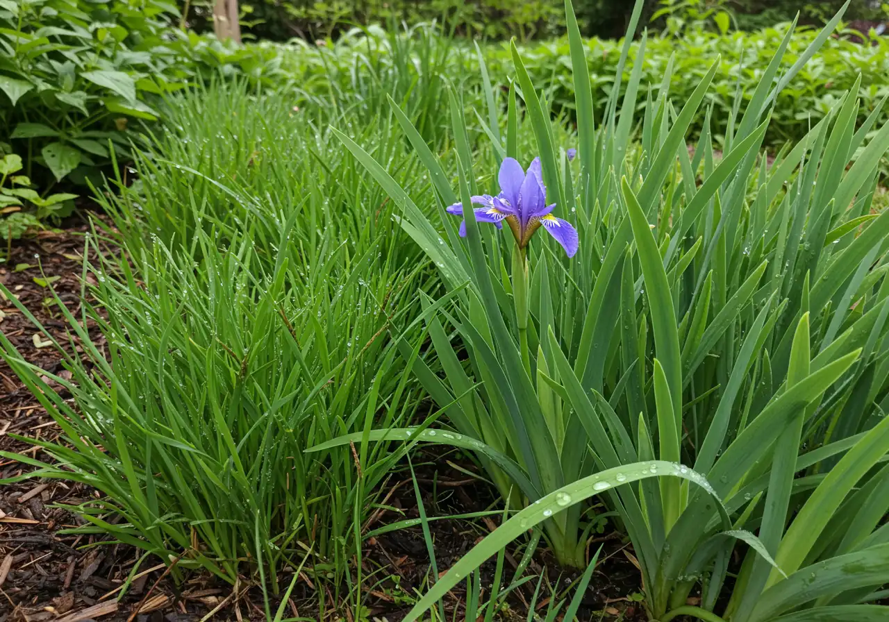 A close-up photograph focusing on the specific types of water-tolerant plants thriving within the moist base of a swale. Features plants like Blue Flag Iris, Swamp Milkweed, or various Sedges looking healthy and vibrant. Could subtly include signs of moisture like dew drops on leaves.