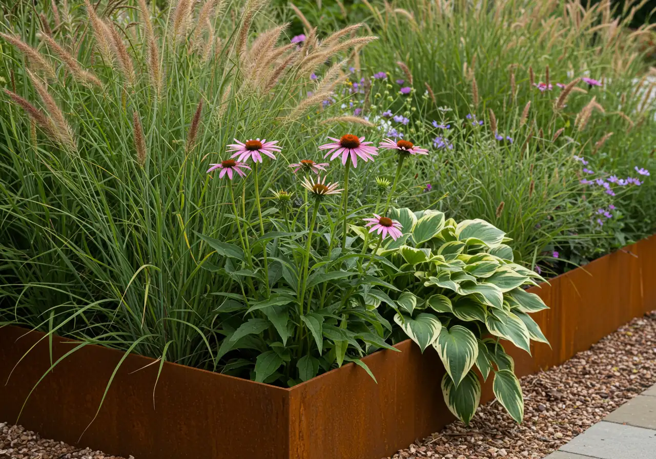 A close-up view within a modern formal garden bed defined by sharp corten steel edging. Inside the structured bed, a mix of textures is visible: feathery ornamental grasses (like Feather Reed Grass) stand alongside robust perennials like purple Coneflowers and lush Hostas with variegated leaves, showcasing looser planting within a strong geometric boundary. Soft, diffused daylight.