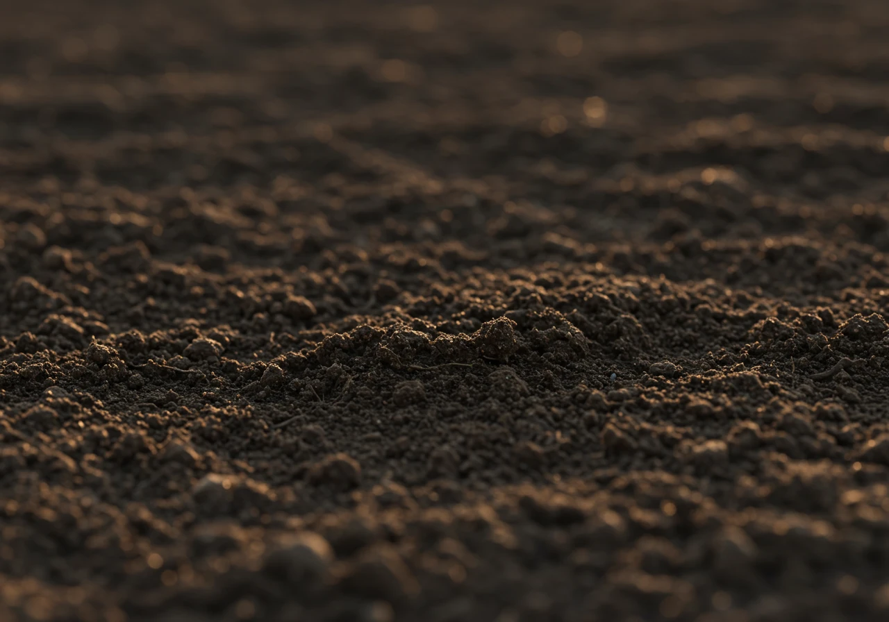 Close-up shot focusing on rich, dark, crumbly soil, emphasizing healthy soil structure as a foundation for plant health under 'Cultural Controls'. Healthy soil is a cornerstone of prevention in IPHC.