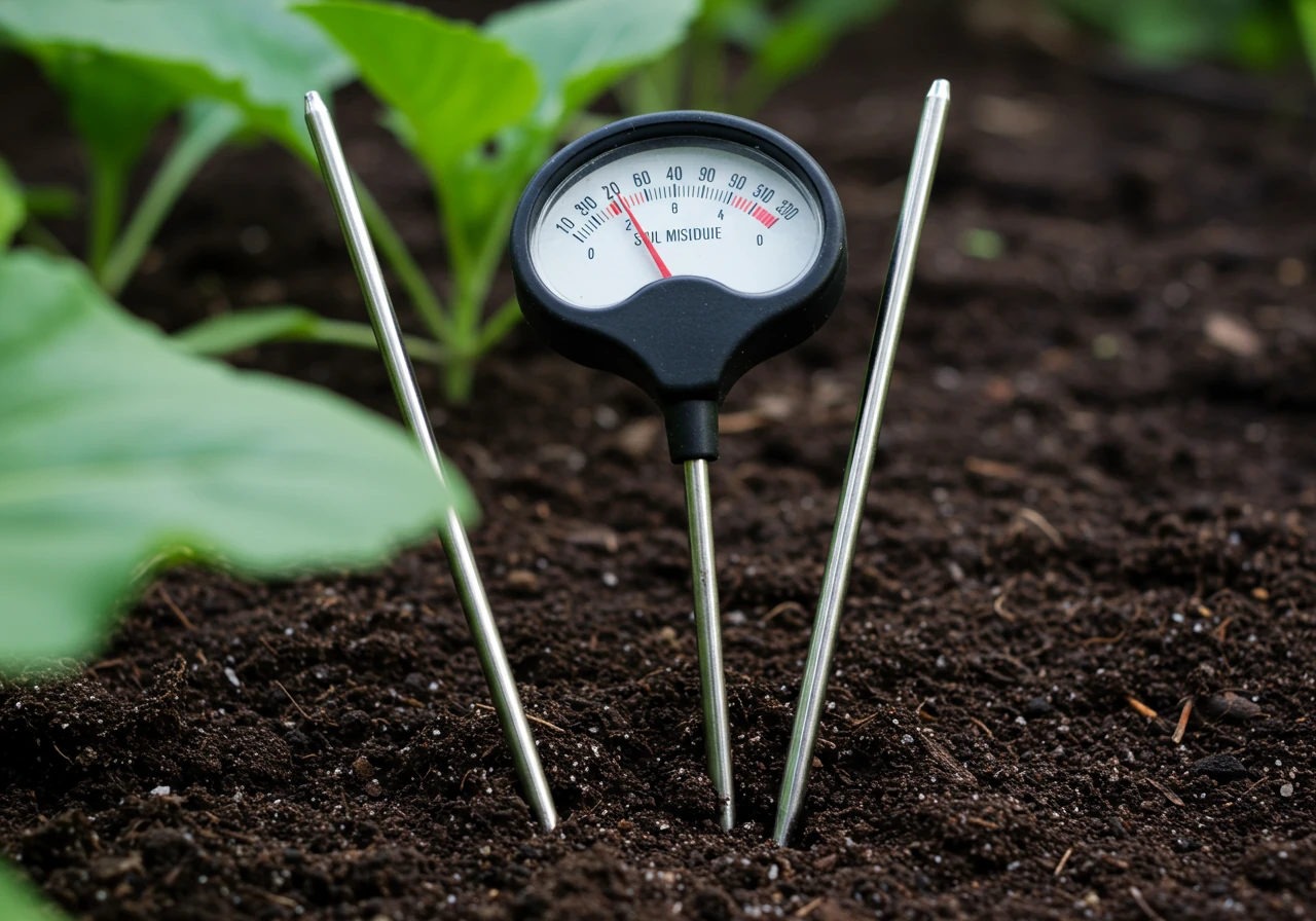 A close-up shot of a basic analog soil moisture meter probe inserted into garden soil near the base of a plant. This illustrates the tool discussed in this part of the section.