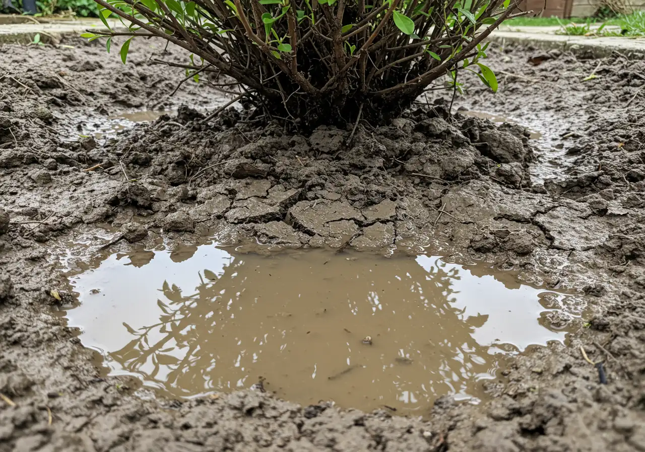 A photograph showing water pooling on the surface of heavy, compacted clay soil around the base of a garden plant after watering or rain. This illustrates the concept of poor drainage and compaction mentioned as a common issue, especially in the Ottawa area.