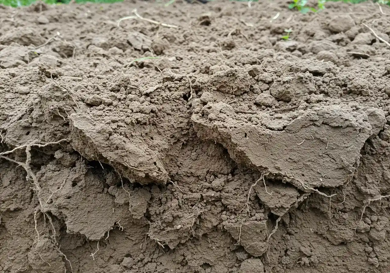 An image depicting dense, compacted clay soil, possibly with visible cracks if dry or a very smooth, heavy texture if slightly moist. A few small, fine plant roots could be shown struggling to penetrate the dense earth, visually representing the difficulty roots face in compacted soil described in the text. Focus should be on the soil structure and texture.