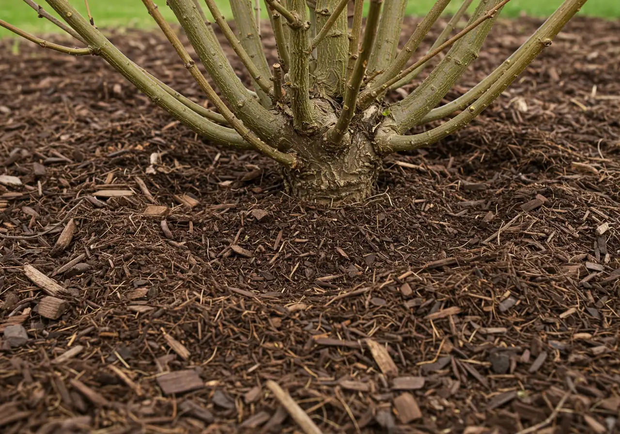 A close-up photograph demonstrating proper mulching technique around the base of a pruned shrub (could be the rejuvenation stubs or a more lightly pruned Forsythia base). A layer of dark organic mulch (like shredded bark or wood chips) should be spread evenly on the soil, but crucially, pulled back slightly to leave a clear, mulch-free ring around the base stems/stubs to prevent rot.