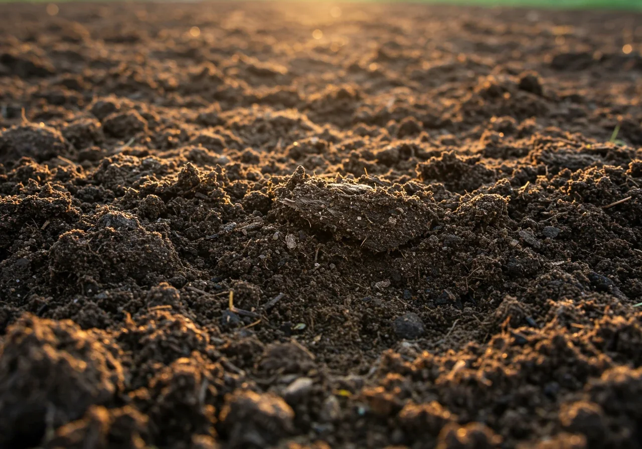 An eye-level close-up shot looking down at healthy garden soil. The soil is dark, rich, and visibly crumbly, clearly amended with compost or organic matter, suggesting good structure and health. Maybe a few earthworms are visible. The texture should appear loose and fertile, ready for planting. Soft, natural morning light illuminates the soil.