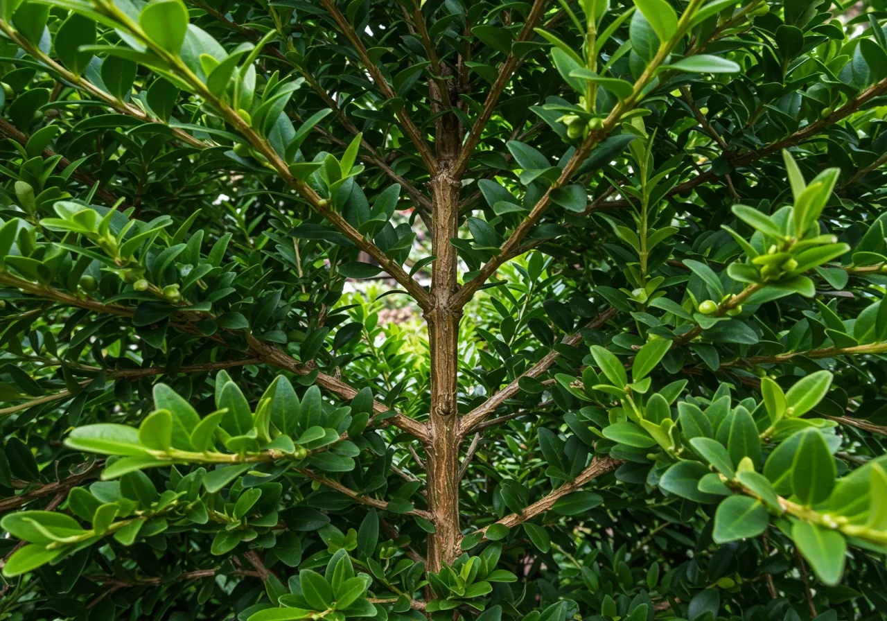 An image illustrating the early detection technique. It should show the lower, inner branches of a dense boxwood shrub being gently parted to reveal the foliage and stems within. The lighting should highlight this inner area, suggesting careful inspection for early signs of disease like initial leaf spotting or stem streaks, emphasizing the dense, humid environment where blight often starts.