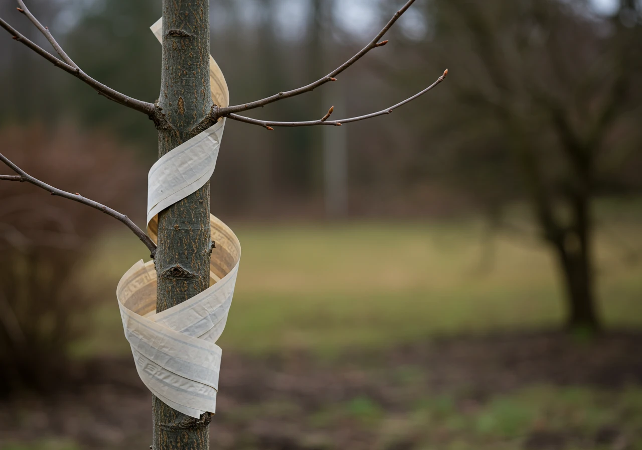 A close-up photograph focused on the lower trunk of a young, thin-barked deciduous tree that has been correctly wrapped for winter protection. Show light-colored paper or plastic tree wrap spiraling neatly up the trunk from just above the soil line, overlapping slightly. The background should be softly blurred, indicating a dormant garden setting.