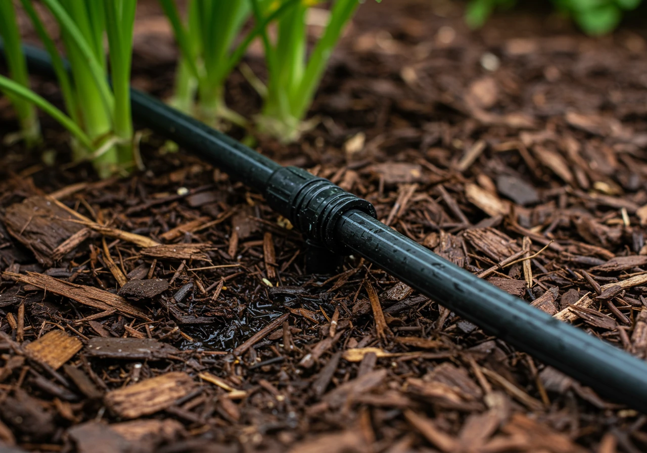 A photograph focusing on a black soaker hose laid neatly on top of mulch in a garden bed, showing small droplets of water slowly seeping out along its length and moistening the mulch near the base of healthy-looking plant stems.