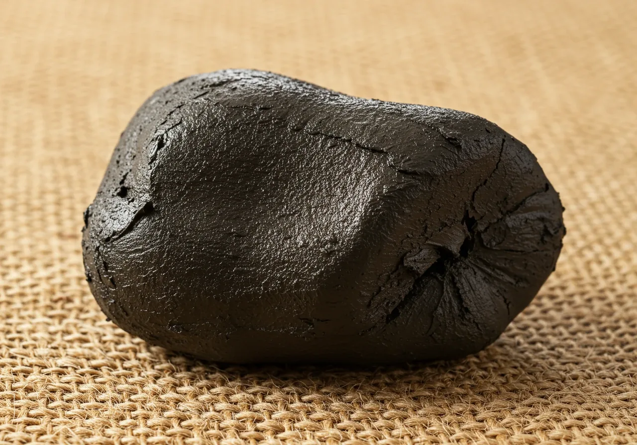 A distinct, hand-squeezed lump of dark, wet clay soil resting on a slightly weathered wooden surface or a piece of burlap. The image should clearly show the smooth, dense, non-crumbly texture and slight sheen characteristic of heavy clay after the squeeze test.