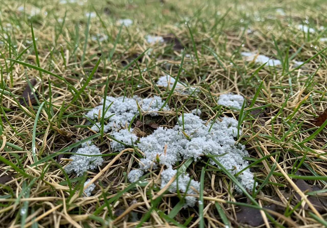 A close-up, detailed photograph illustrating common post-winter lawn damage mentioned in the text, specifically snow mould. The image should show circular, matted patches of greyish-white fungus on dormant, brownish-green grass, highlighting the texture difference.